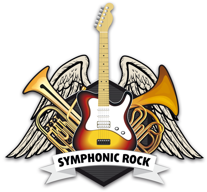 Symphonic Rock Logo. Eine E-Gitarre vor zwei Blechblasinstrumenten und 2 Engelsflügeln